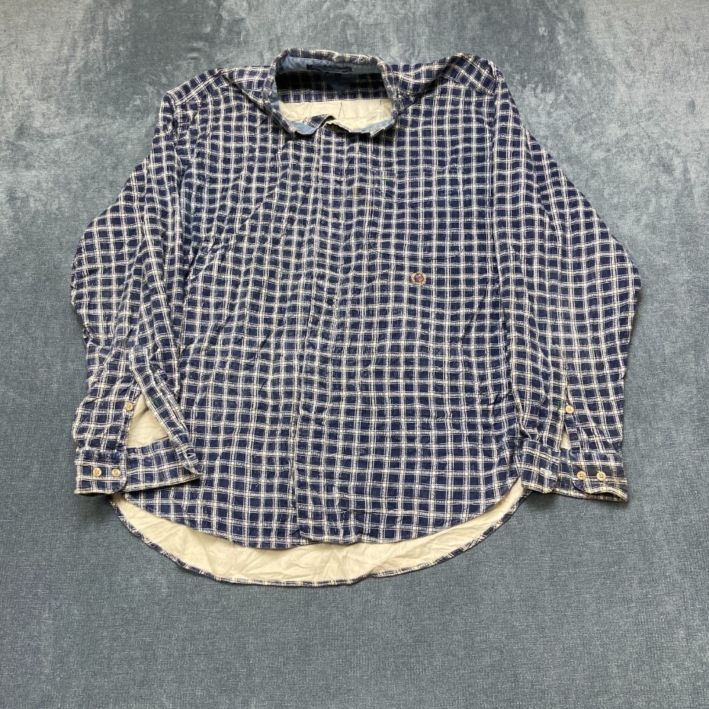 Tommy Hilfiger Flannel Shirt Men Large Navy Blue Plaid Cotton Formal Button Down